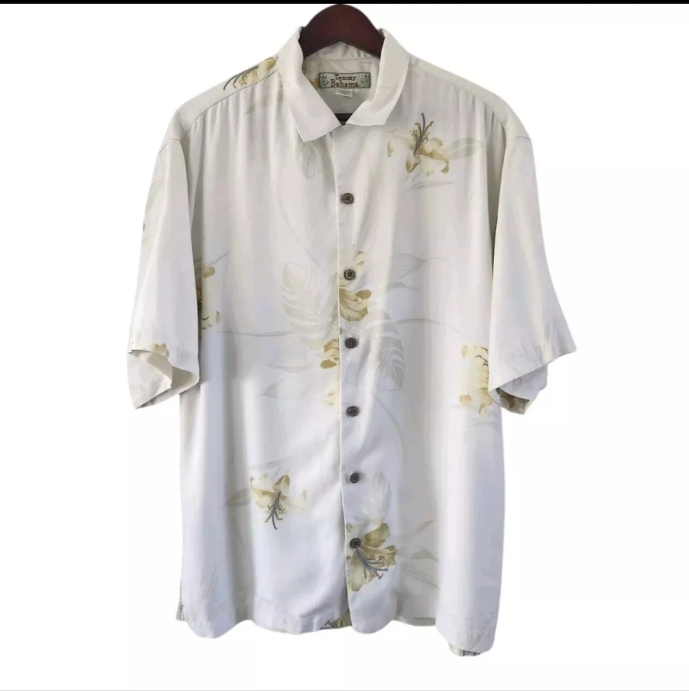 Tommy Bahama Button Silk Shirt Top Cream Tan Palms Flowers Hawaiian Camp - Picture 1 of 7